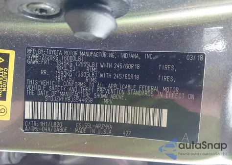 2018 Toyota Highlander Xle from USA, damaged, VIN 5TDJZRFH8JS544658